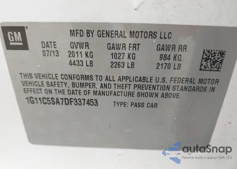 2013 Chevrolet Malibu 1Lt z USA, uszkodzony, nr VIN 1G11C5SA7DF337453